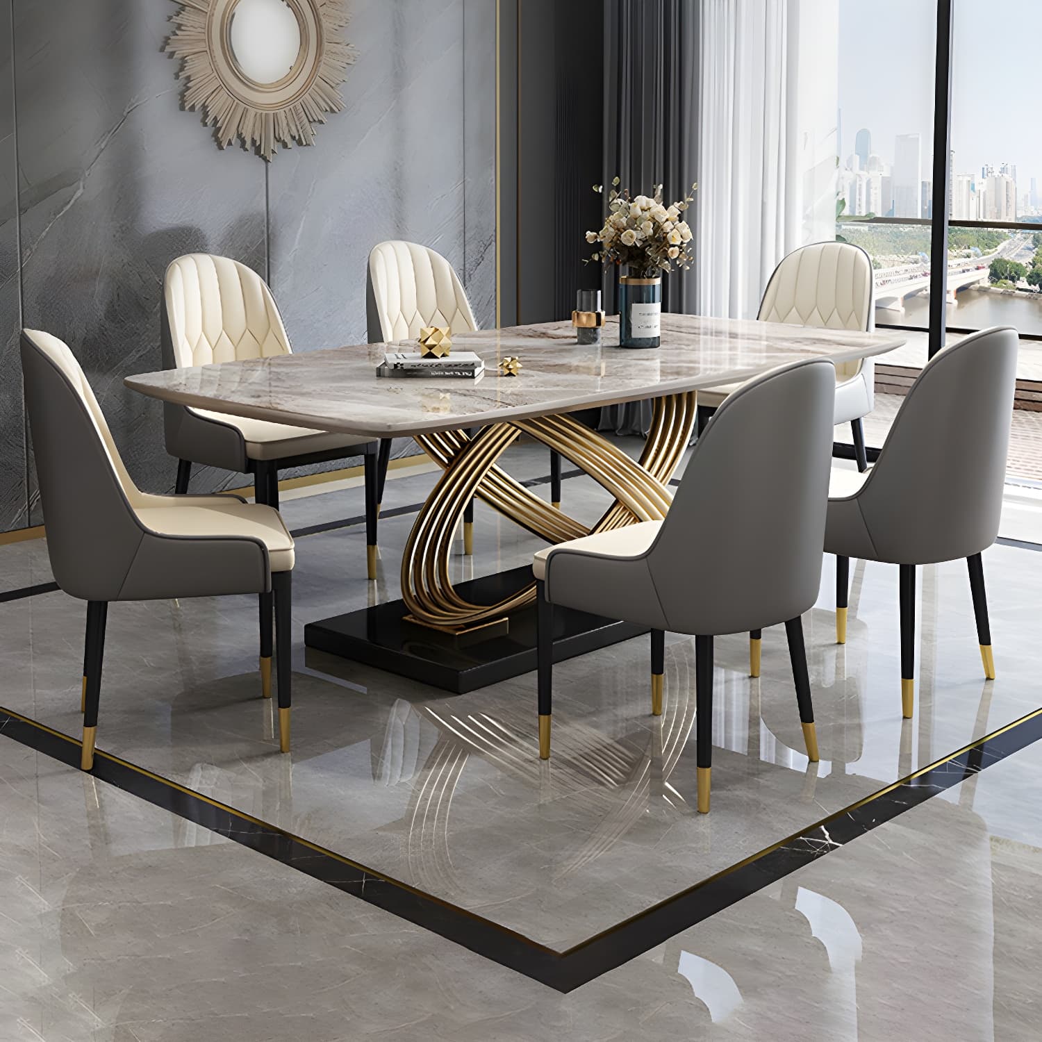 Nordic Glam Rectangle Sintered Stone Table Set 1/4/5/7 Pieces Dining Set - image 11