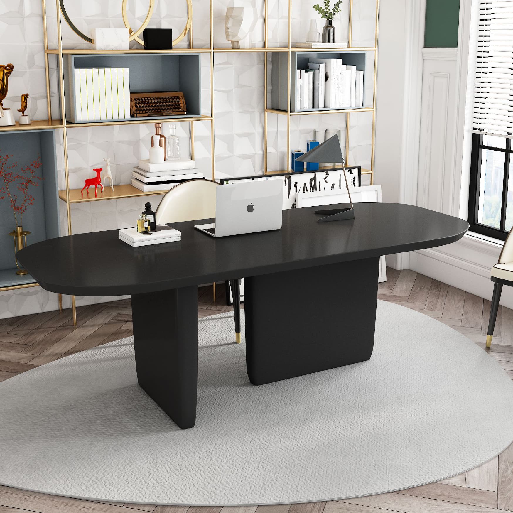 Rectangle Solid Wood Dining Table Modern Table with Double Pedestal Base