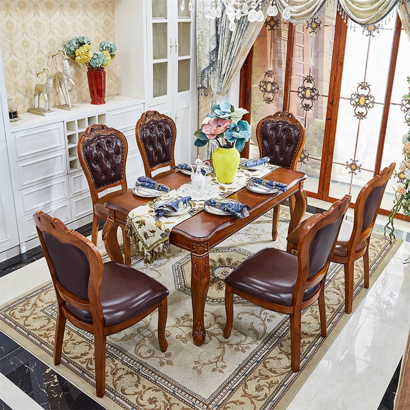 Retro Rectangular Brown Solid Wood Dining Table Set with Four Legs and Fixed Table