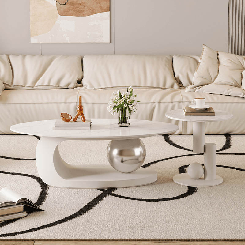 Luxurious 1 Tier Stone Top Elliptical Side Table with Abstract Base in Chalk for Home - image 6