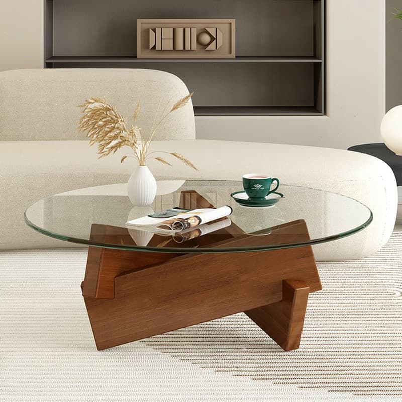 Stylish Round Glass Coffee Table with Tempered Top and Abstract Wood Base - image 5