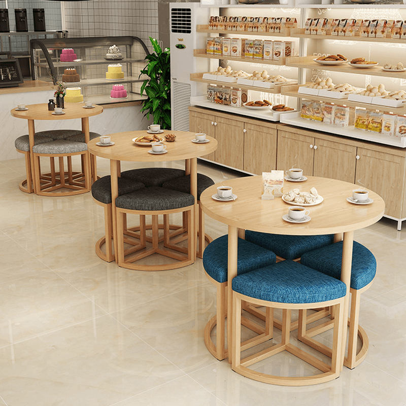 Reclaimed Wood Round Dining Table Set with Metal Toboggan Base and Upholstered Backless Chairs for 4 People - image 6