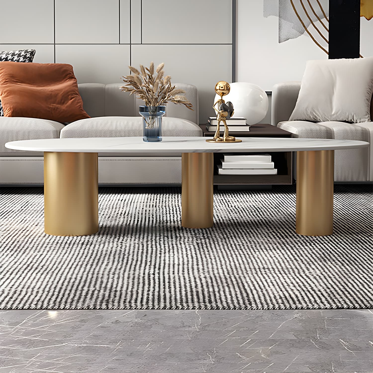 Luxurious 3 Legs Elliptical Stone Coffee Cocktail Table in White/Grey - image 4