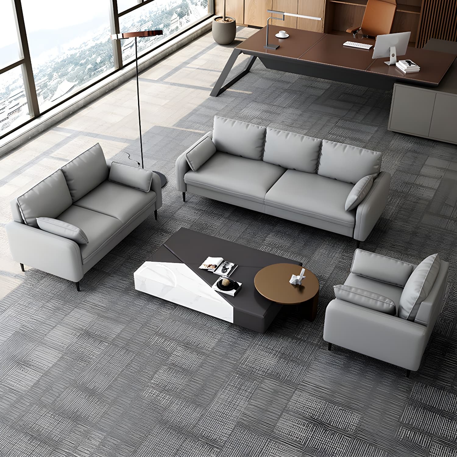 3-Seater Faux Leather Sofa Mid Century Loose Back Square Arm Settee - image 11