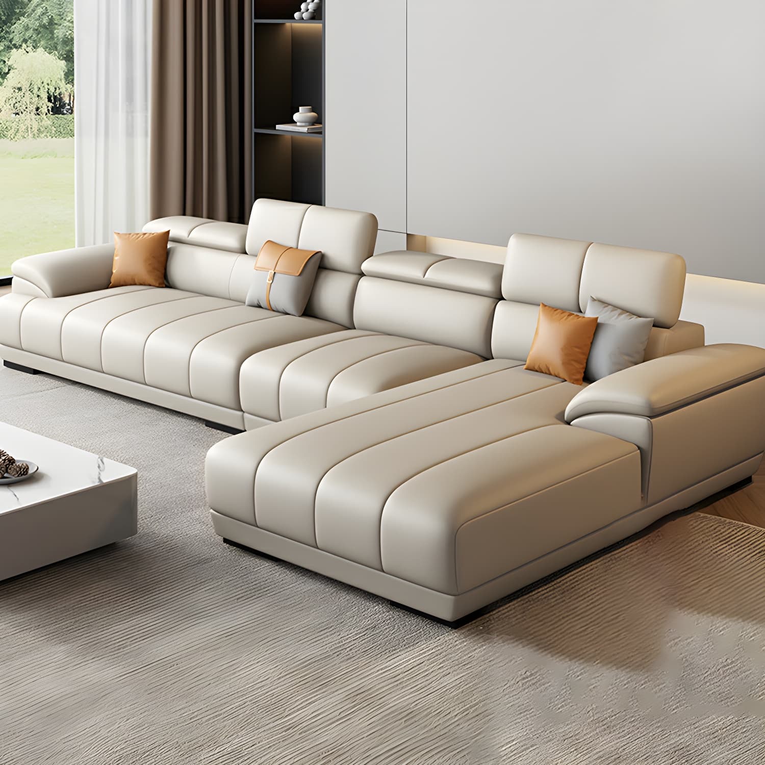 Elegant Beige Scandinavian Leather Sectional with Adjustable Headrests