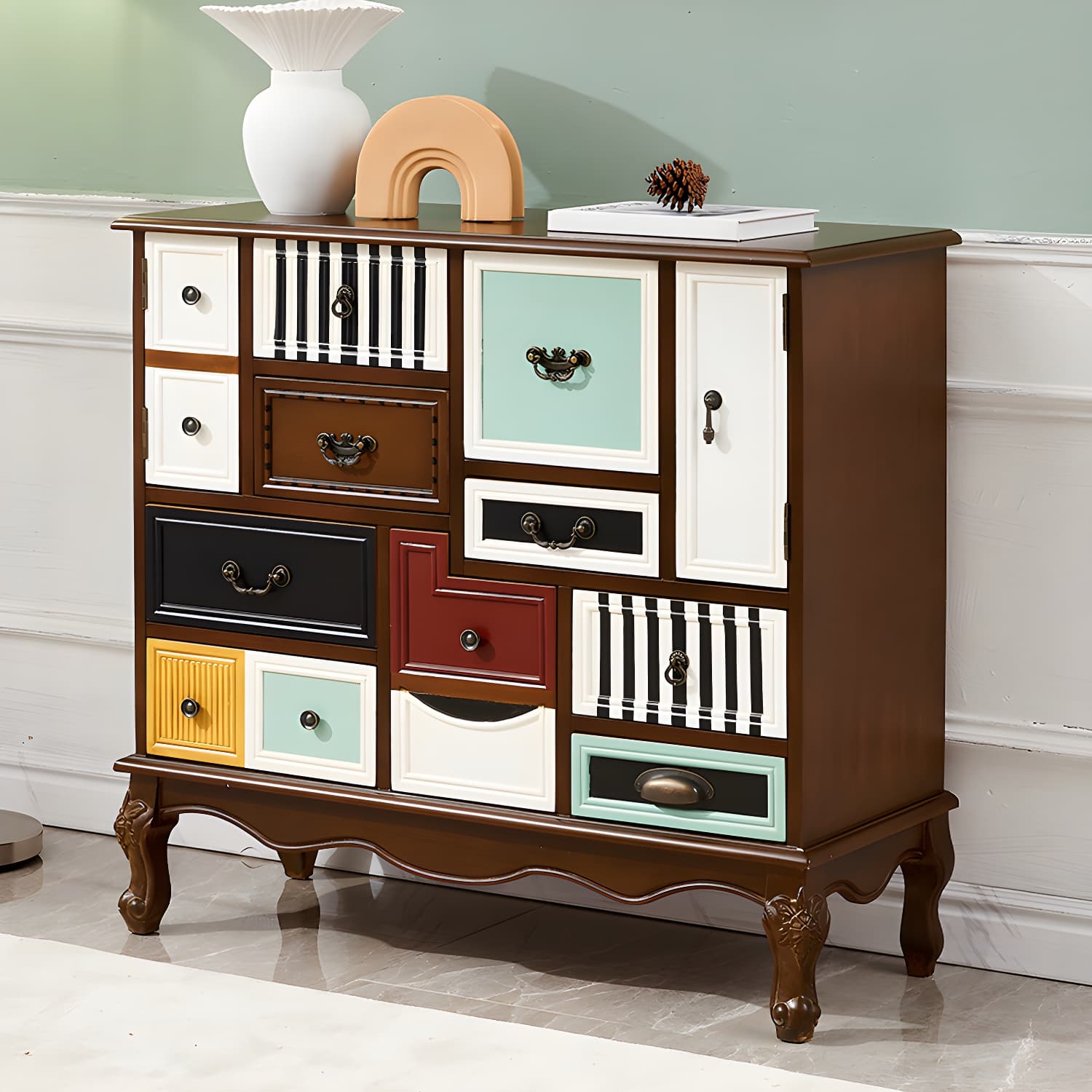 Industrial Painted Accent Cabinet with Drawers Solid Wood Chest - image 4