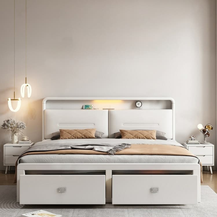 Modern Style Solid Wood Bed Arched Panel Upholstered Headboard Bed for Bedroom