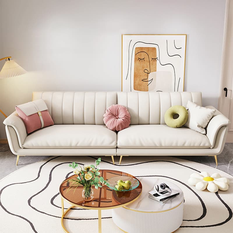 Modern Beige Tech Cloth Sectional Sofa with Flared Arm and Cushion Back