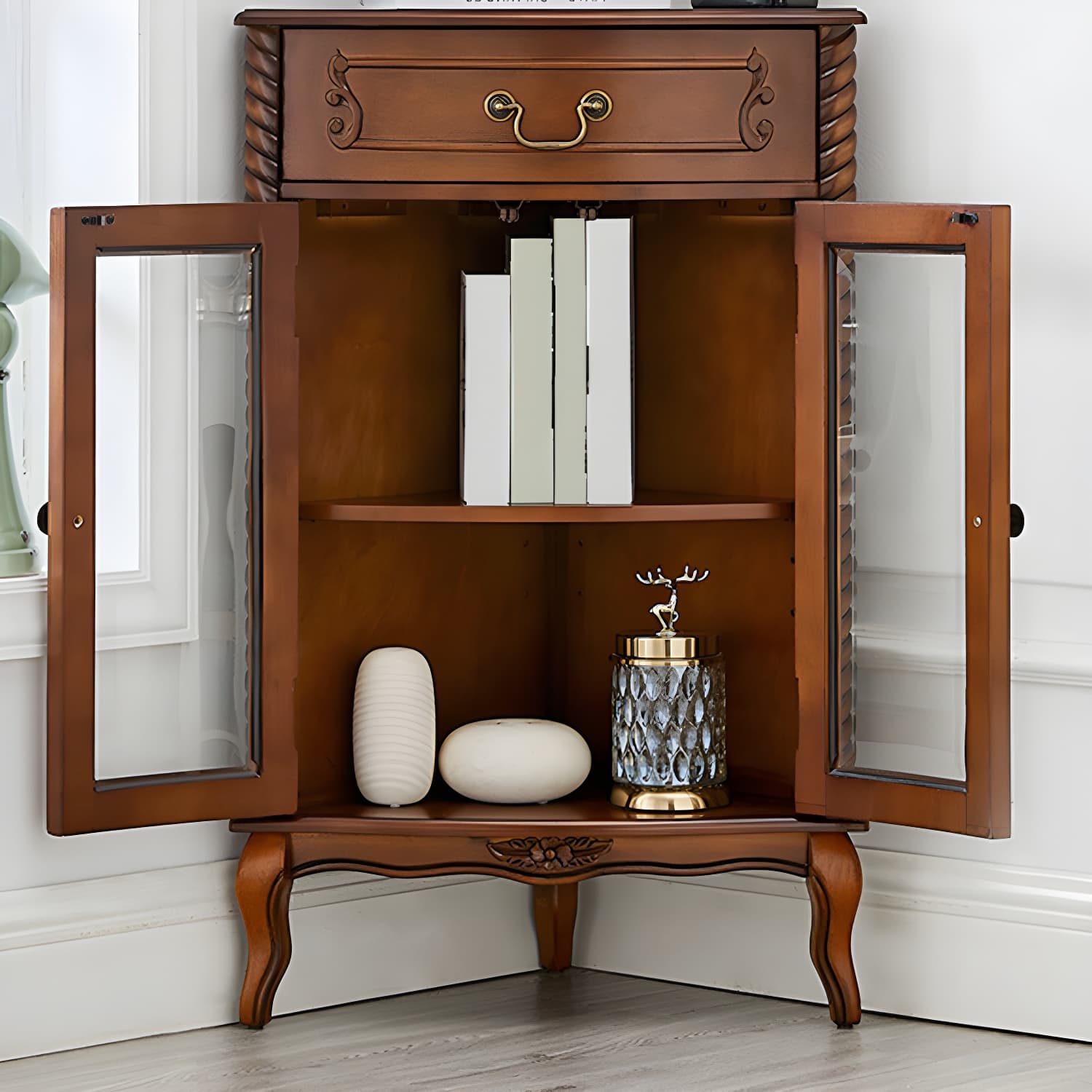 Mid-century Modern Brown Corner Cabinet, Wooden Accent Cabinet with Shelves