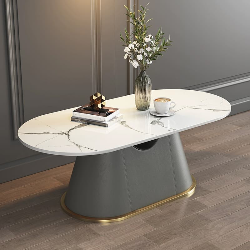 Glam Oval Stone Coffee Table with Pedestal Chrome Base - Scratch Resistant - image 6