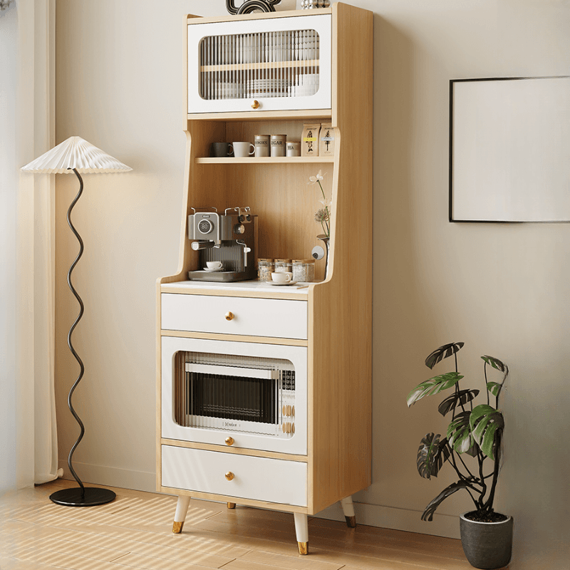 Simple Narrow Microwave Shelf Cabinet with 2 Drawers, Sintered Stone Countertop, Glazed Door, and Adjustable Shelving
