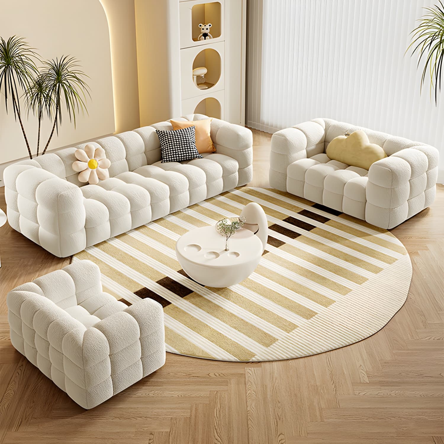 Beige Polar Fleece Upholstered Scandinavian Wood Sectional for Cozy Home Decor