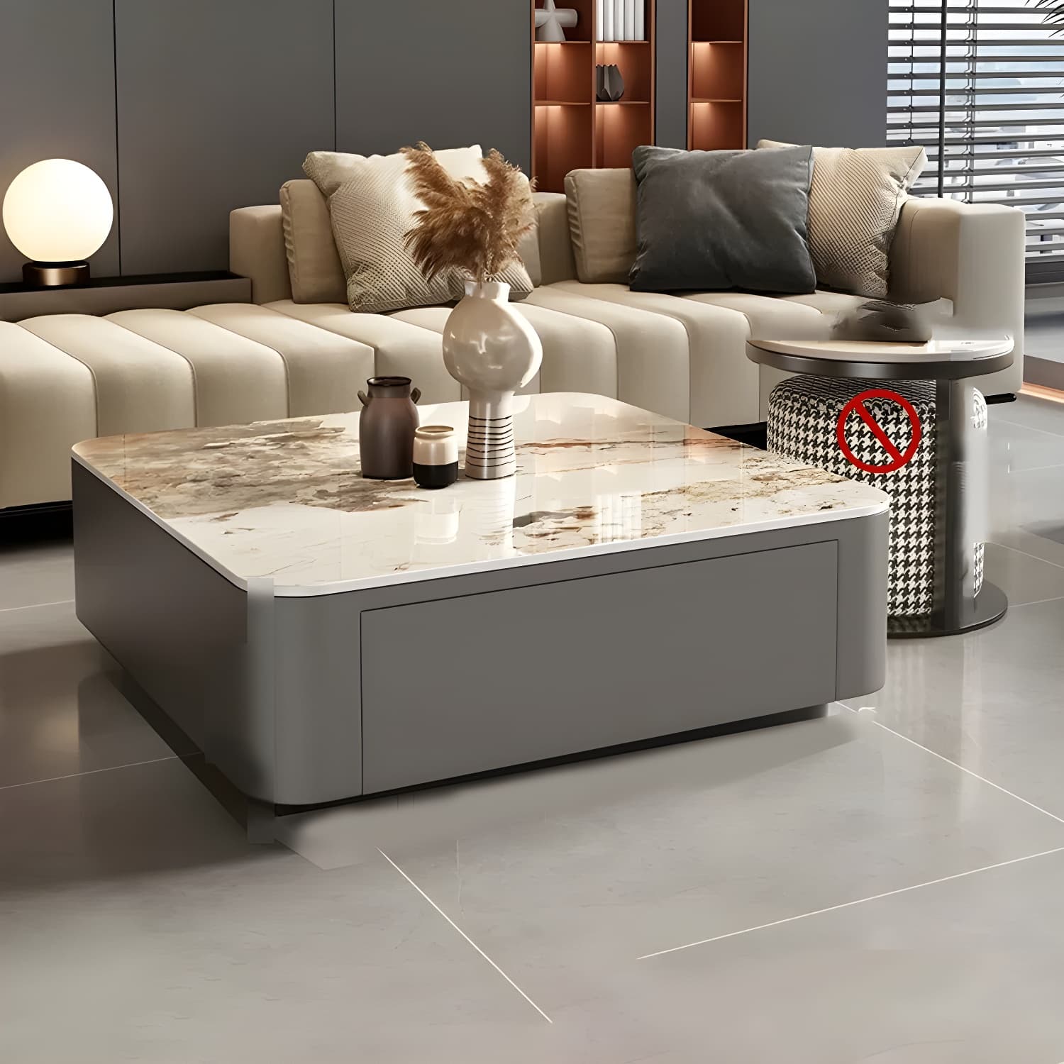 Modern Square Stone Coffee Table Set with Black Metal Block Base and Storage Drawers - image 4