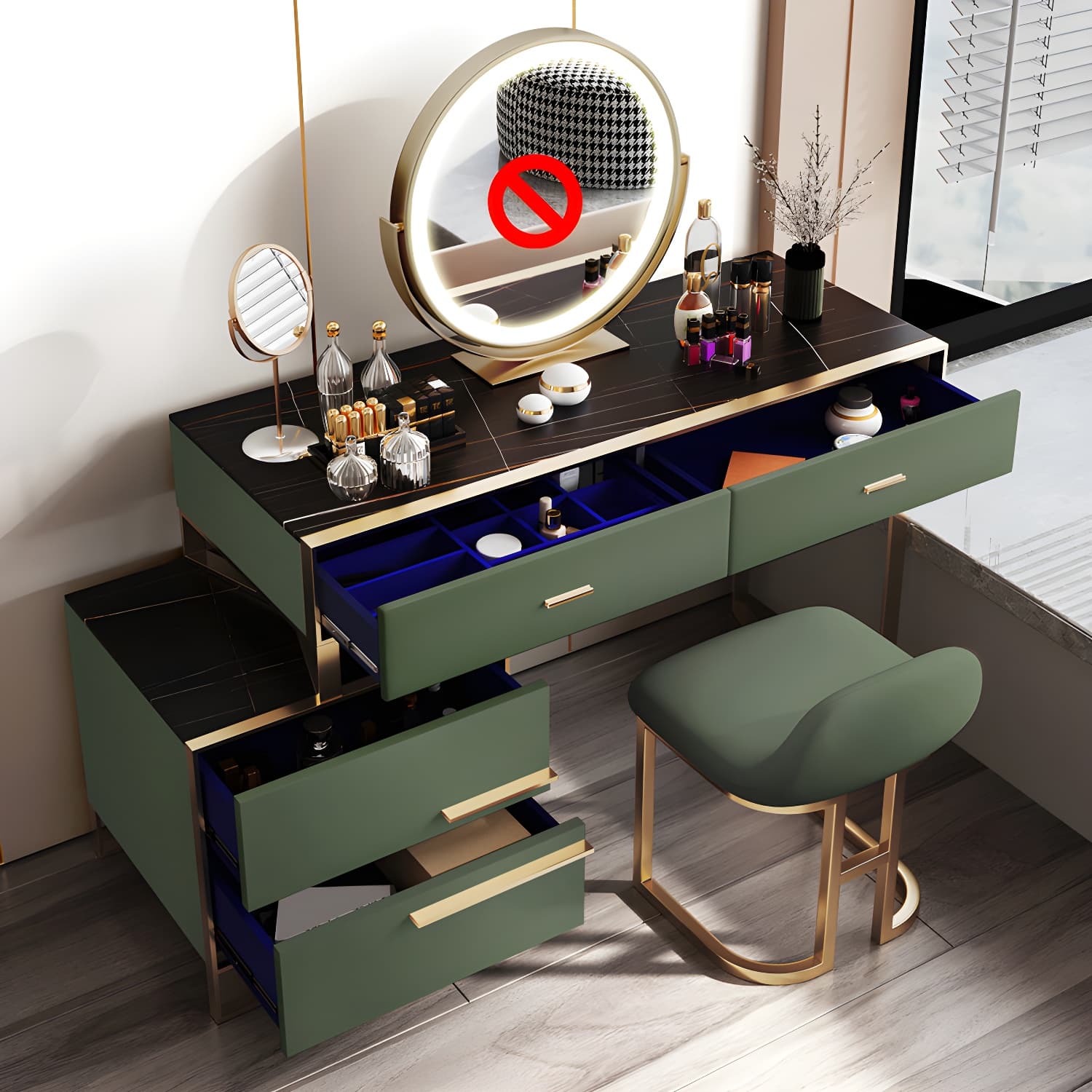 Luxurious Metal Make-up Vanity 4 Solid Wood Drawers Dressing Table - image 4