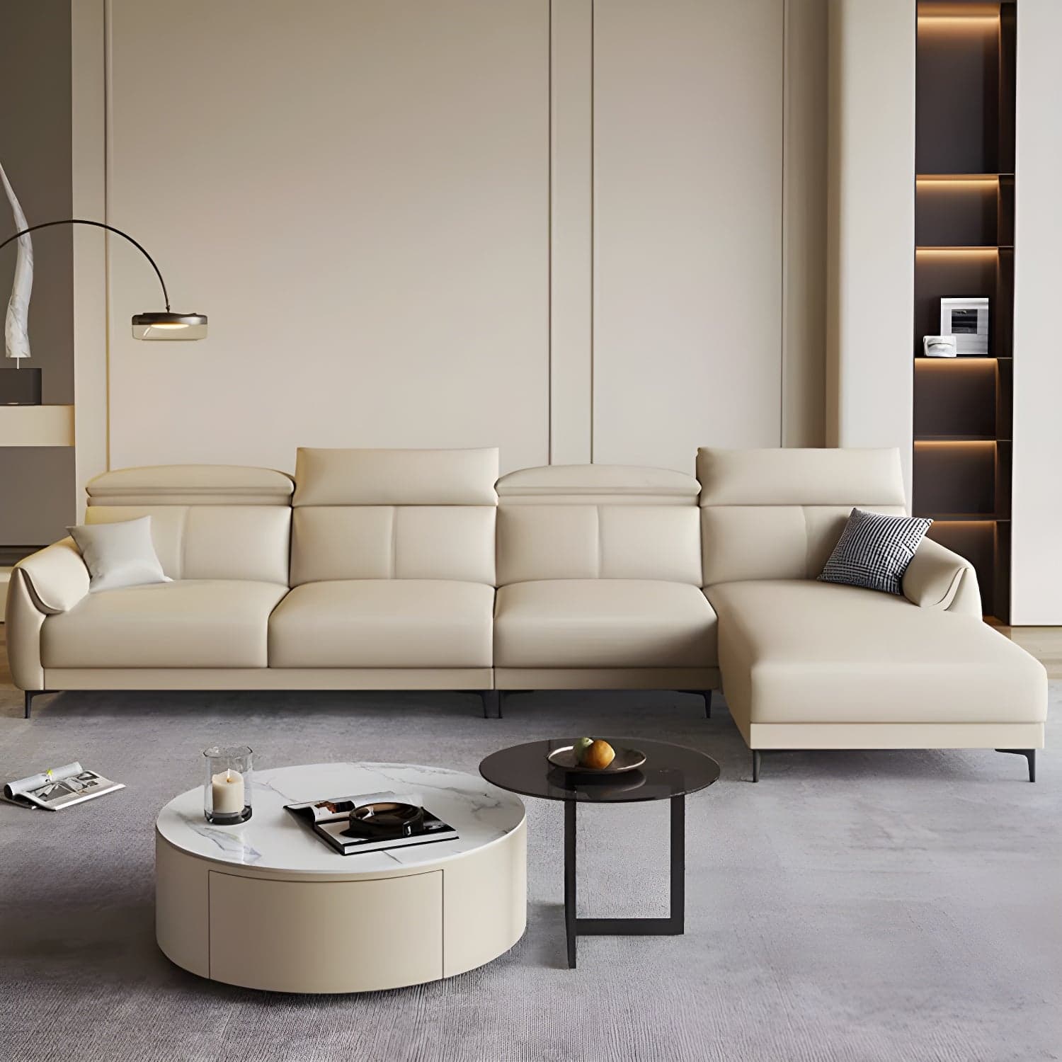 Modern Beige Genuine Leather Sectional Sofa with Adjustable Headrest