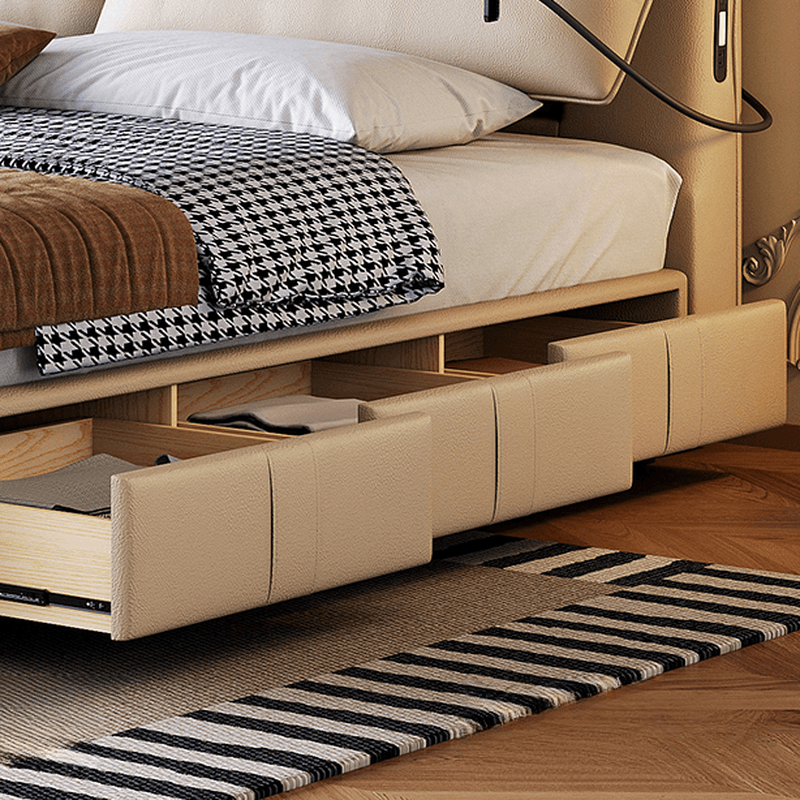 Beige Solid Color Storage Bed with 3 Storage Boxes, Sponge Upholstery, and Illumination Light - image 6