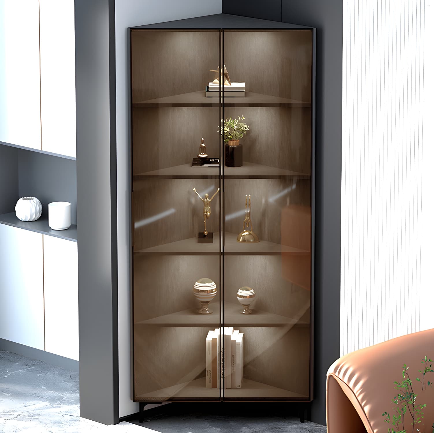 Modern Black Corner Accent. Wood Countertop. Glass Doors. Cabinets included - image 8