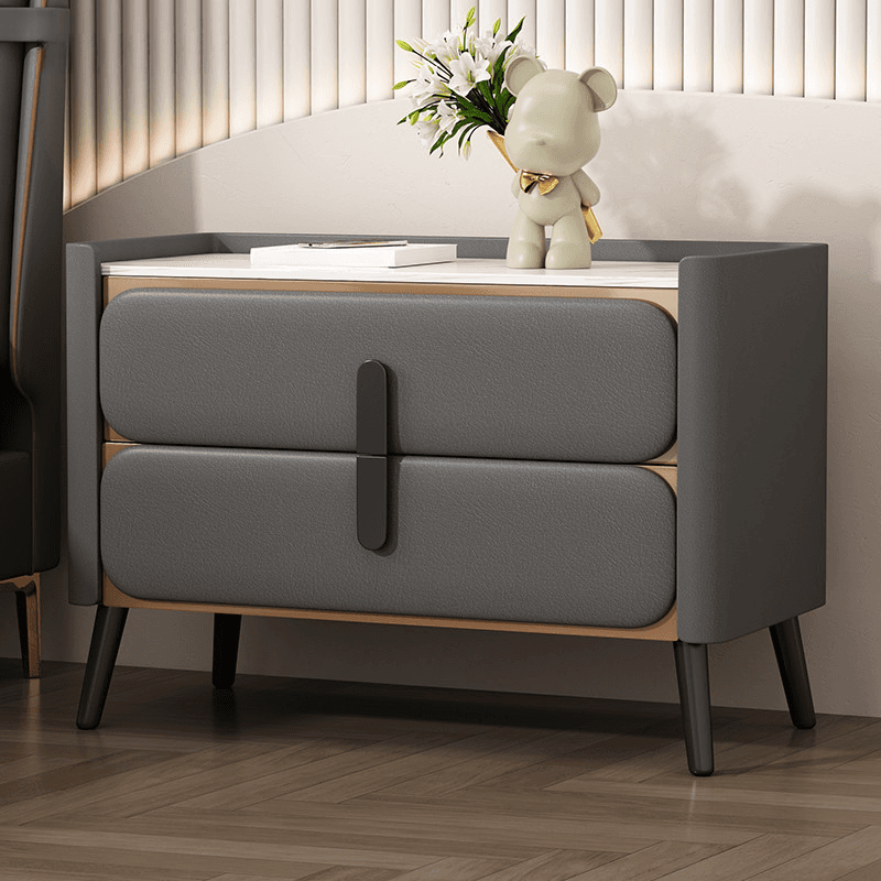 Simplistic Nightstand With Drawer Storage, 2 Drawers, Sintered Stone Countertop, and Leg