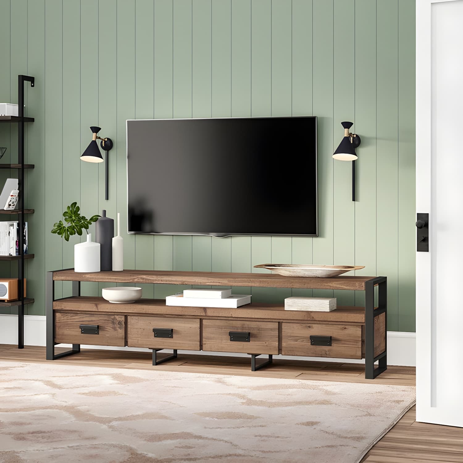 Brown Media Console with Shelves Industrial Pine Wood Top TV Media Stand - image 3