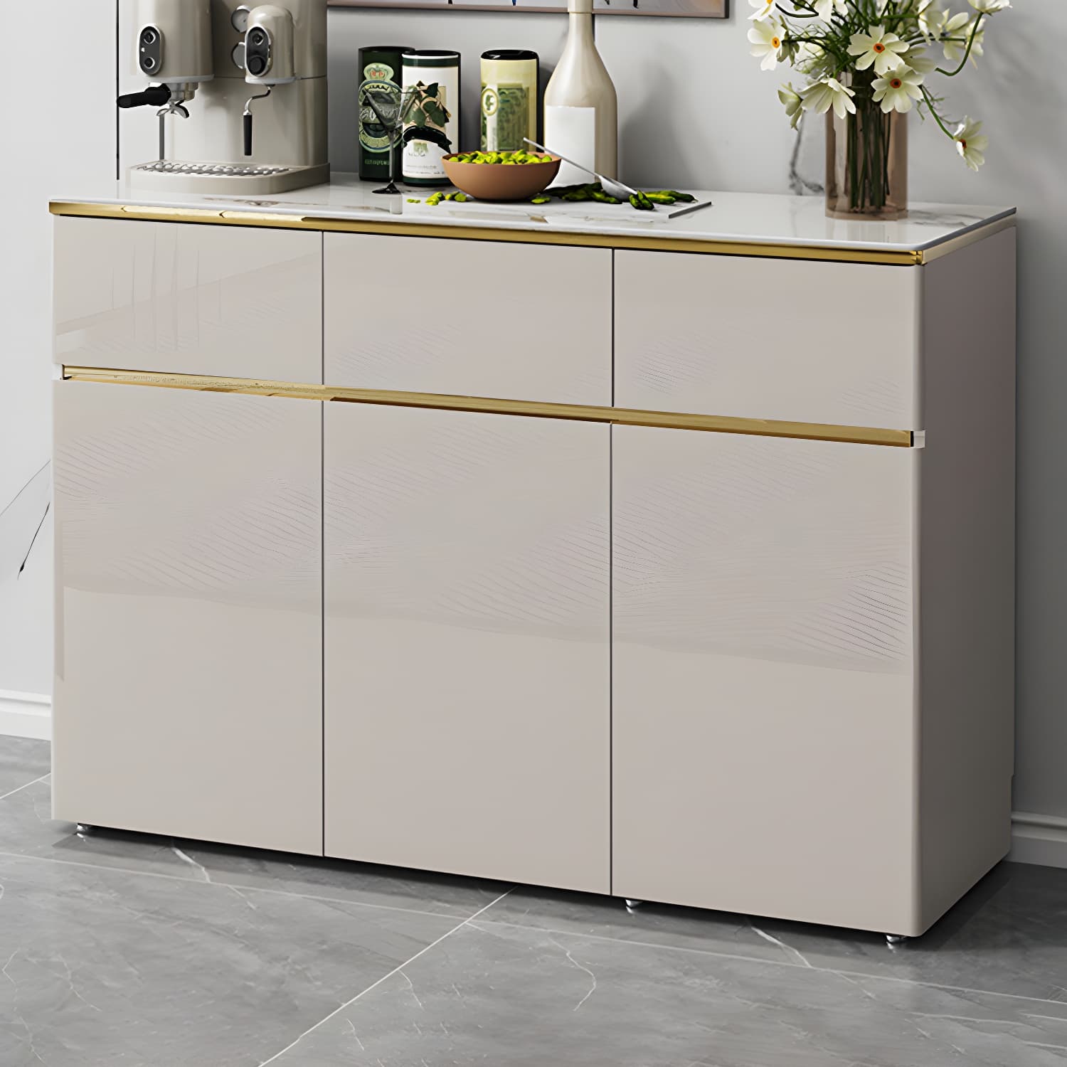 Contemporary Glass Top Sideboard Cabinet with Drawer for Living Room