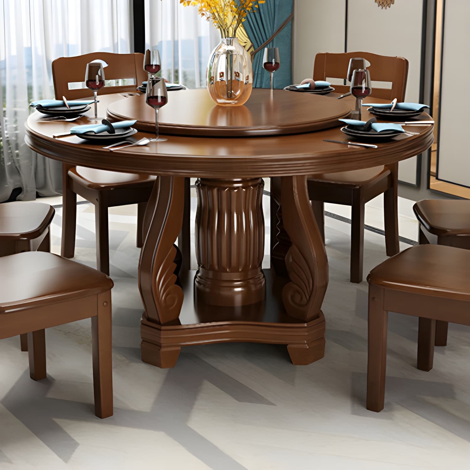 Contemporary Turntable Pedestal Dining Table Wood Dinner Table for Home - image 9