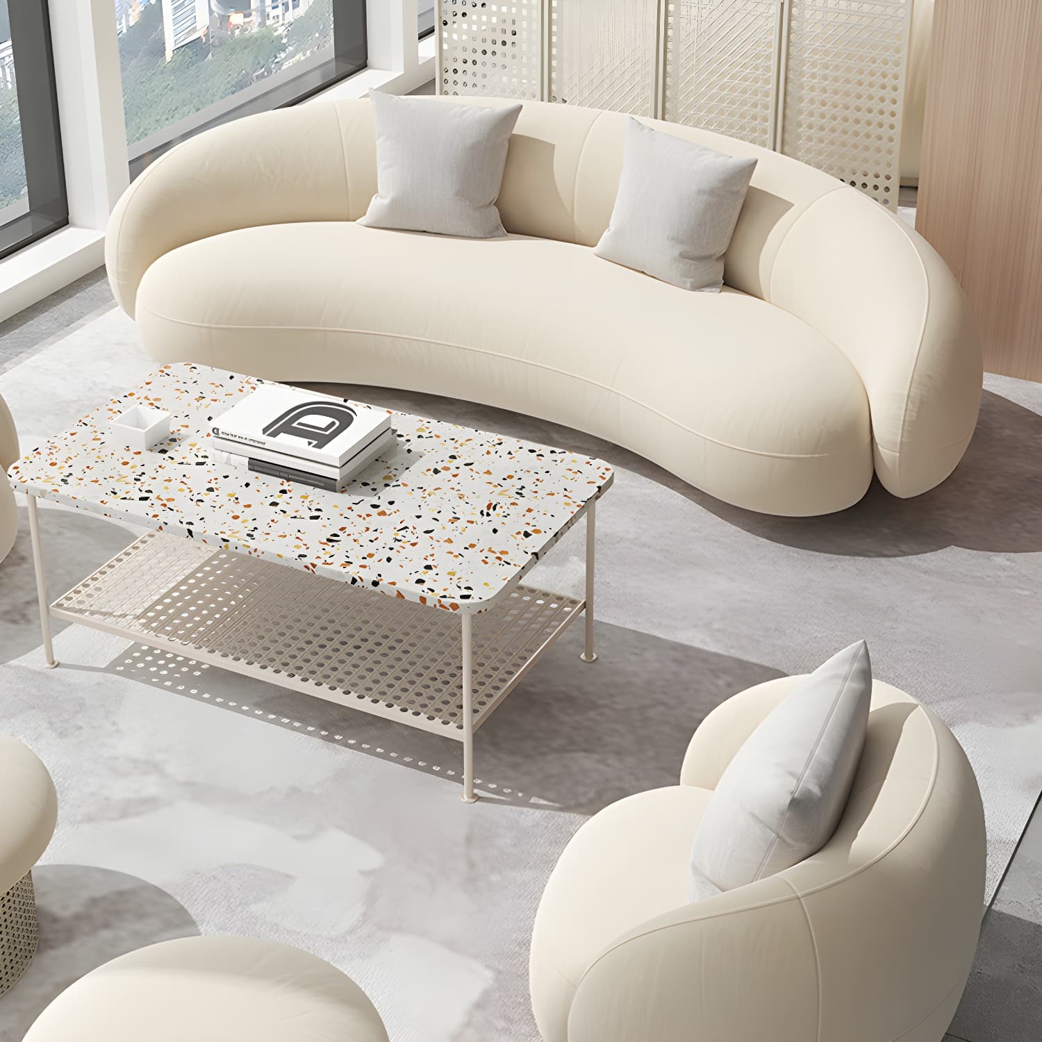 Beige Scandinavian Curved Sofa Tight Back Couch with Tuxedo Arm - image 6