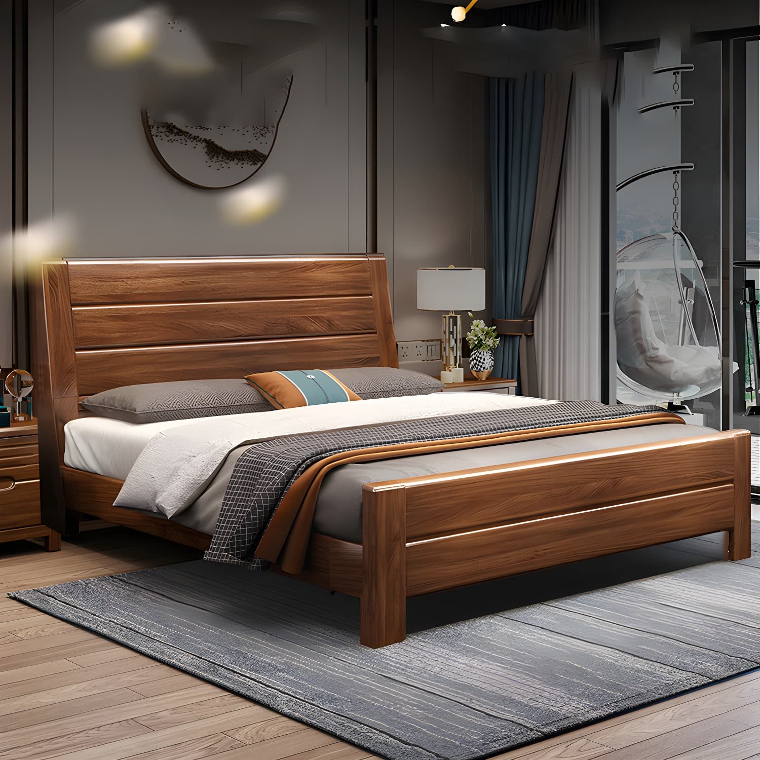 Mid-Century Modern Standard Bed Walnut Panel Bed with Headboard - image 10