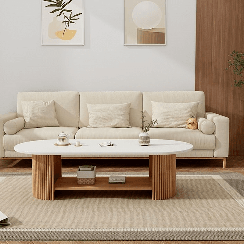Oval Natural Wood Coffee Table with Twin Support Base, Repository, and 1 Shelf - image 6