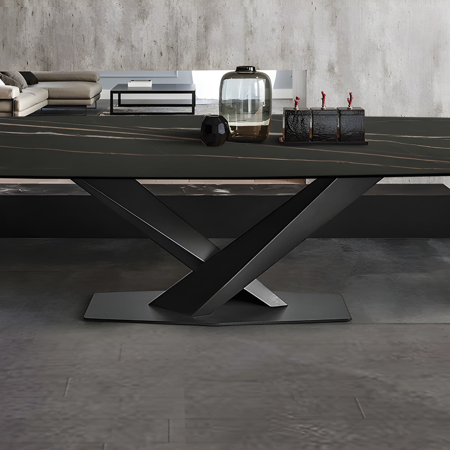 Sintered Stone Rectangle Dining Table Industrial Black Kitchen Table with Pedestal Base - image 9