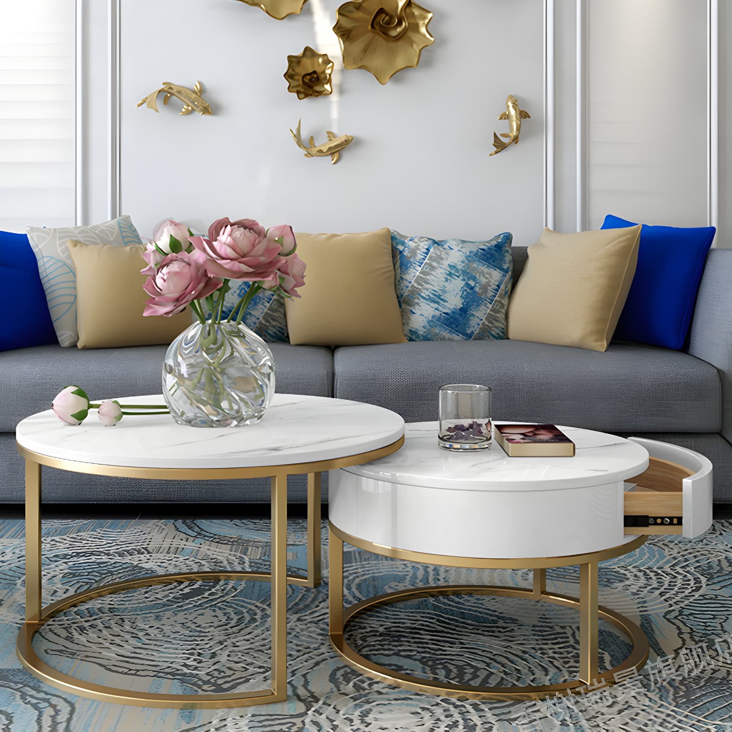 Round Frame Coffee Table Slate Nesting Coffee Table Set with Drawer - image 6