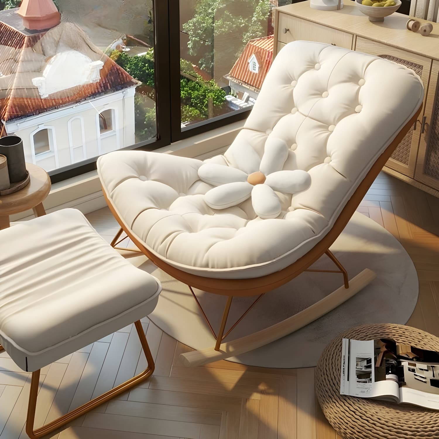 Contemporary Rocking Chair with Spindle Back, Tufted Upholstered and Wood Legs - image 7