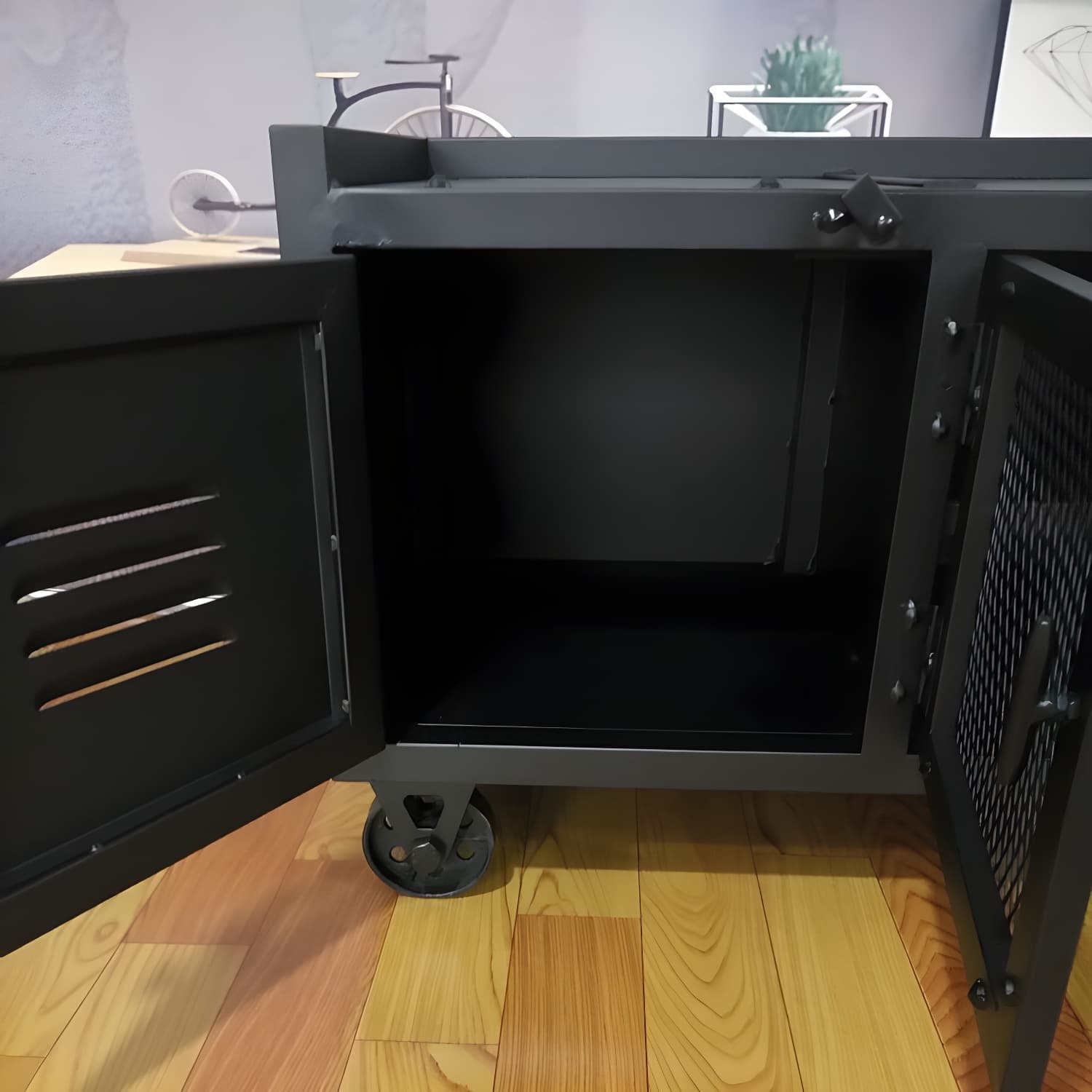 Metal Black TV Cabinet Industrial Style Home TV Stand Console with Casters - image 7