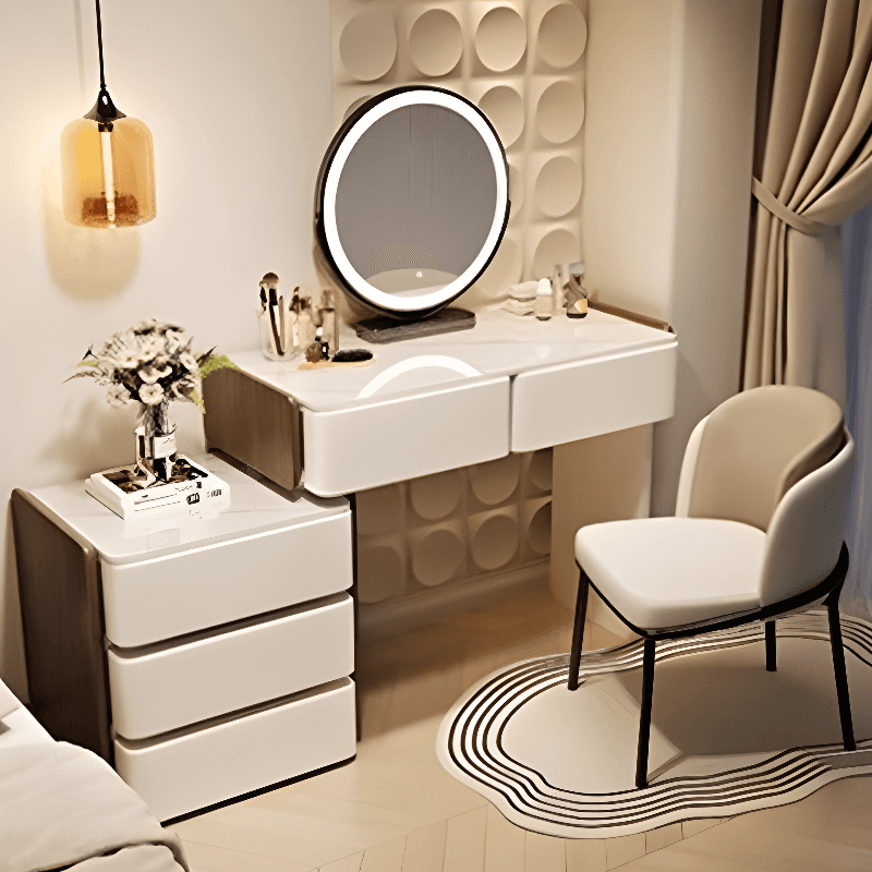 Large/Standard Stone Vanity Set with White Seating, 8/5 Drawers, Mirror Lights, and Scalable Lighting