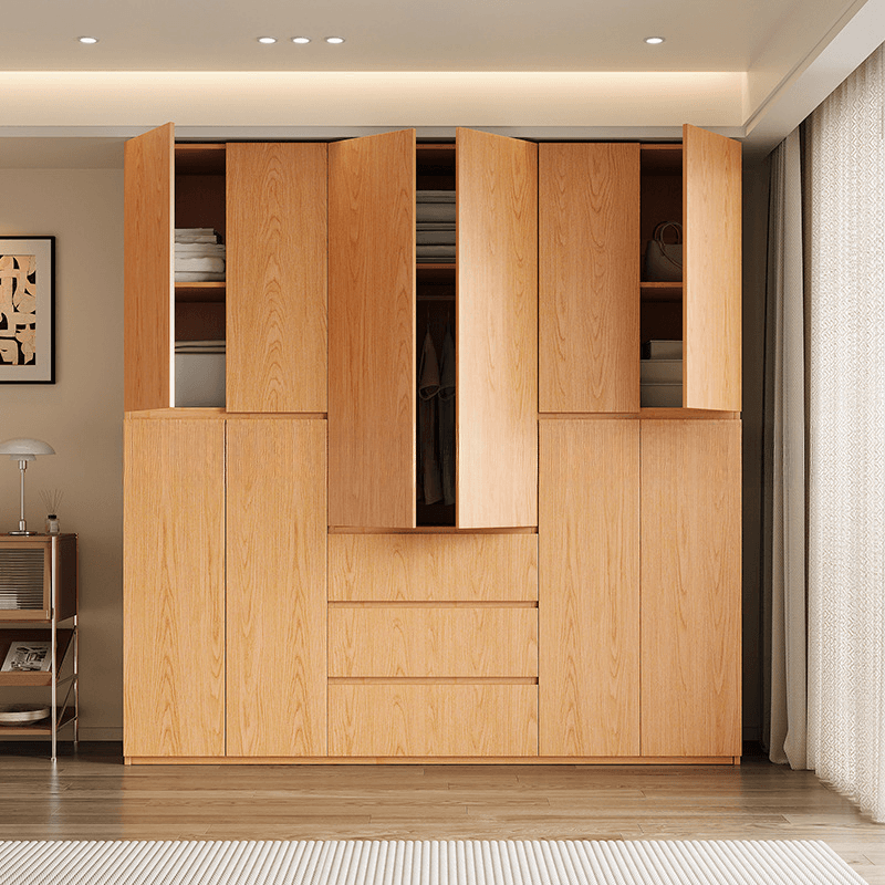 Natural Finish Minimalist Oak Wood Cabinet Armoire with Soft Close Drawer, Soft Close Door, Interior Shelves, and Clothing Rod