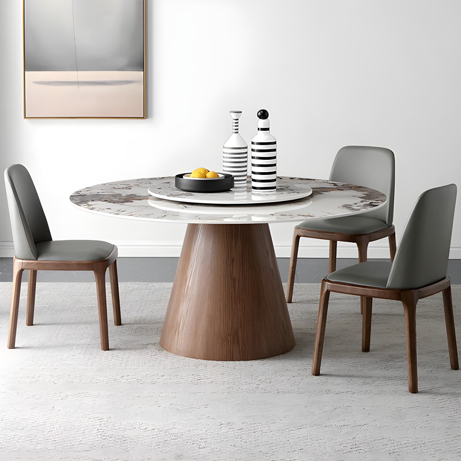 Round Sintered Stone Dining Table Stone Table in White with Pedestal - image 4