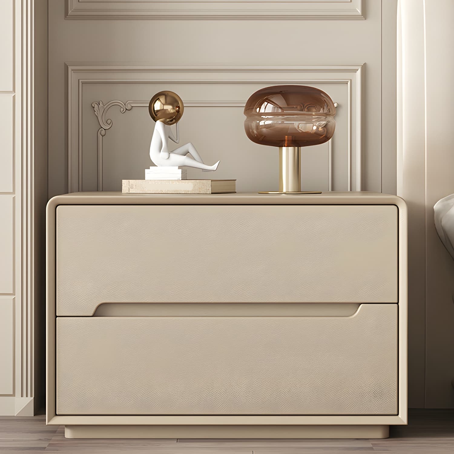 Modern Faux Leather Nightstand with 2 Drawers & No Distressing - Light Wood Tone - image 4
