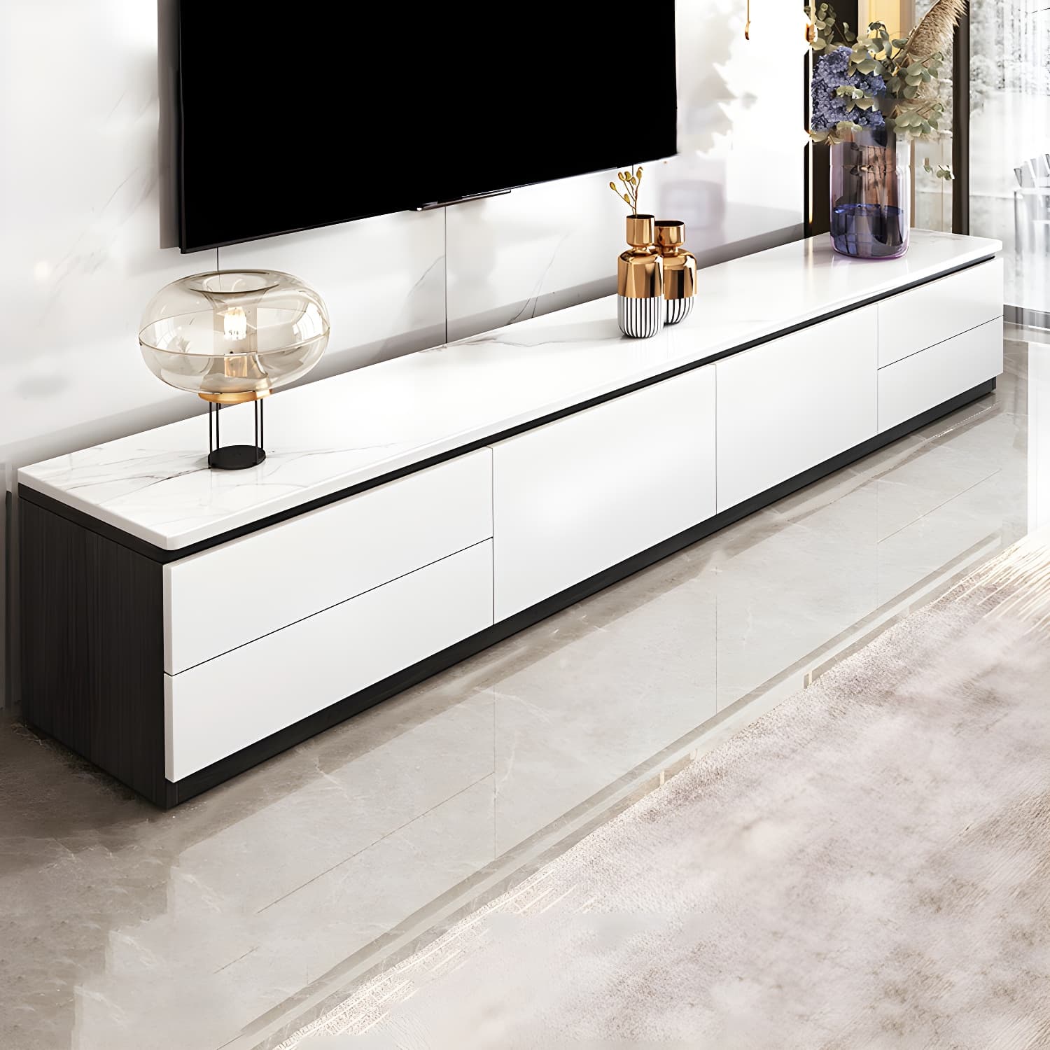 Stone Contemporary with Drawers Wood with Cabinet Media Console