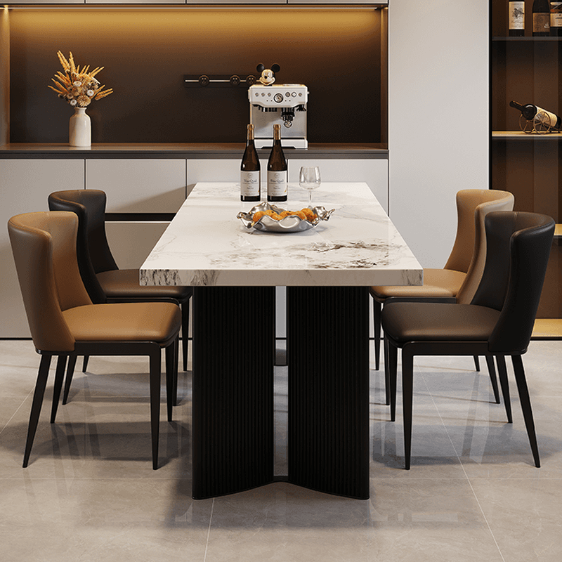 Dining Table Set with Slate Stone Top, Two-sided Pedestal, Fixed Table, Padded Chair, Back, and White Finish - image 3