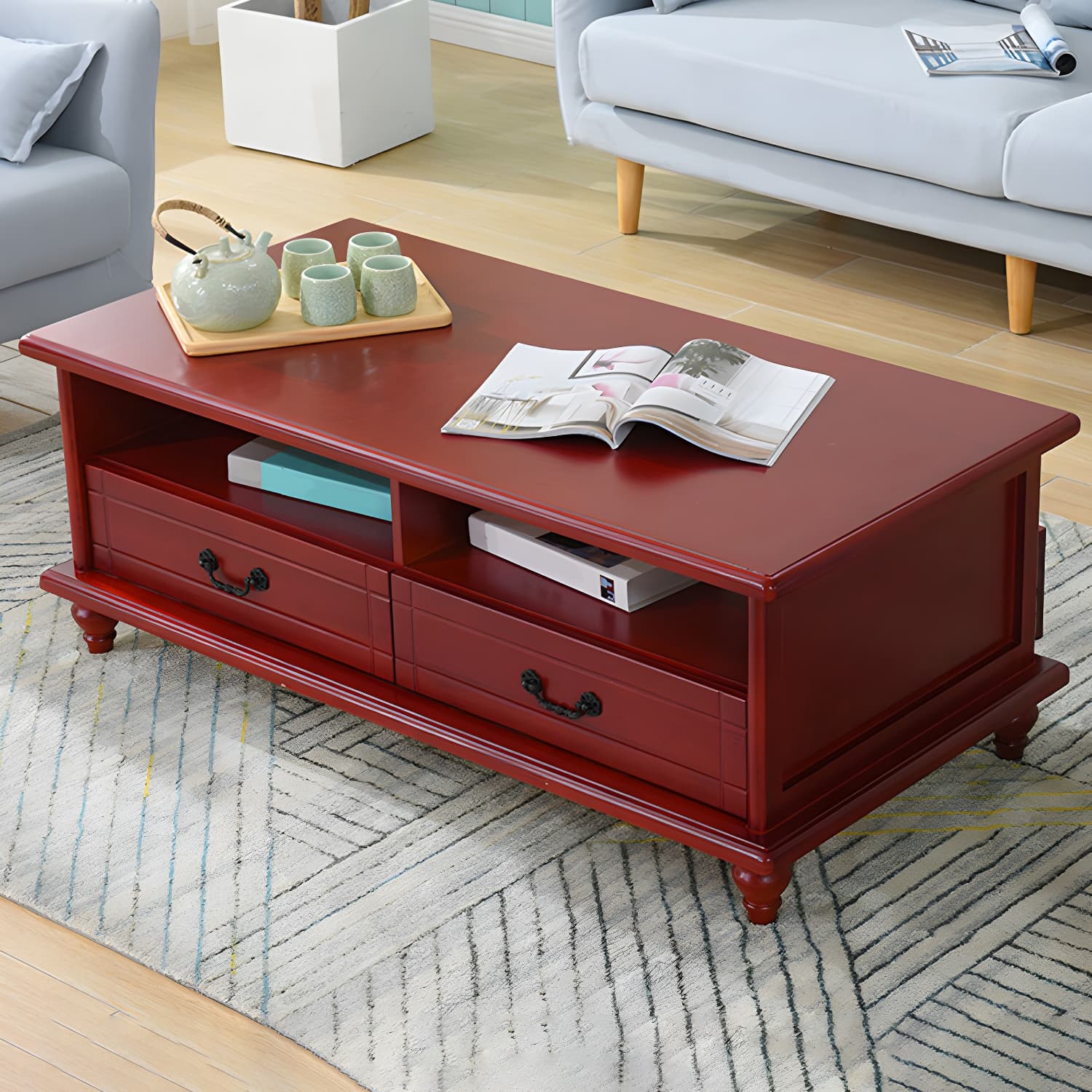 Modern Rectangular Wood Coffee Table with Drawers and Shelves for Stylish Storage