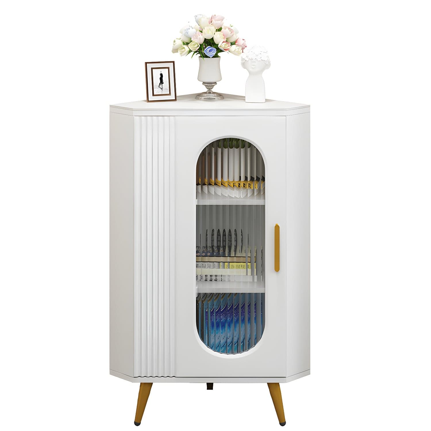 Elegant Corner Modern Accent Cabinet with Glass Doors and Metal Base - image 3