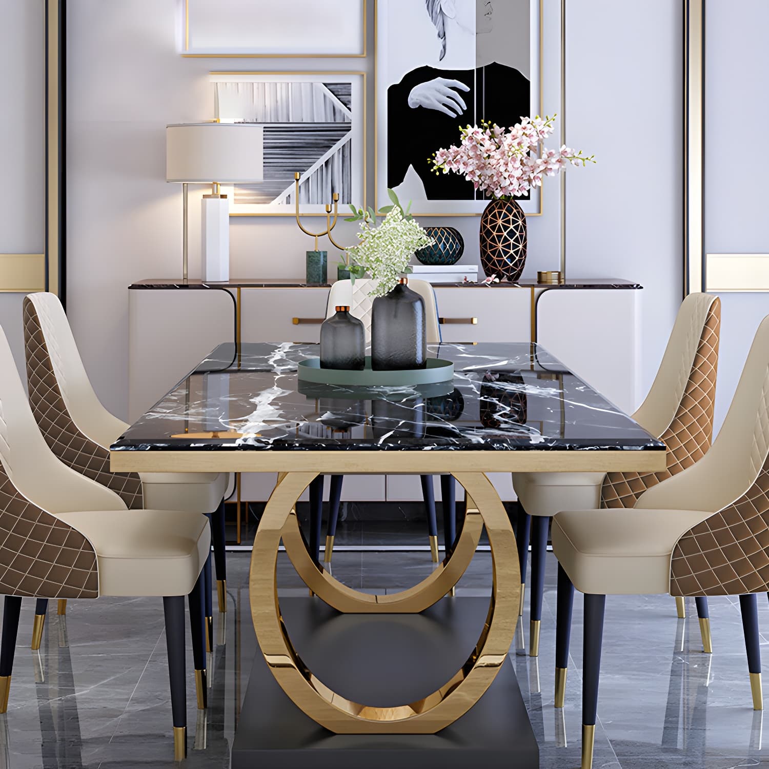 Modern 1/4/5/6/7 Pieces Black Dining Table Set with Marble Top Rectangle Dinette Set