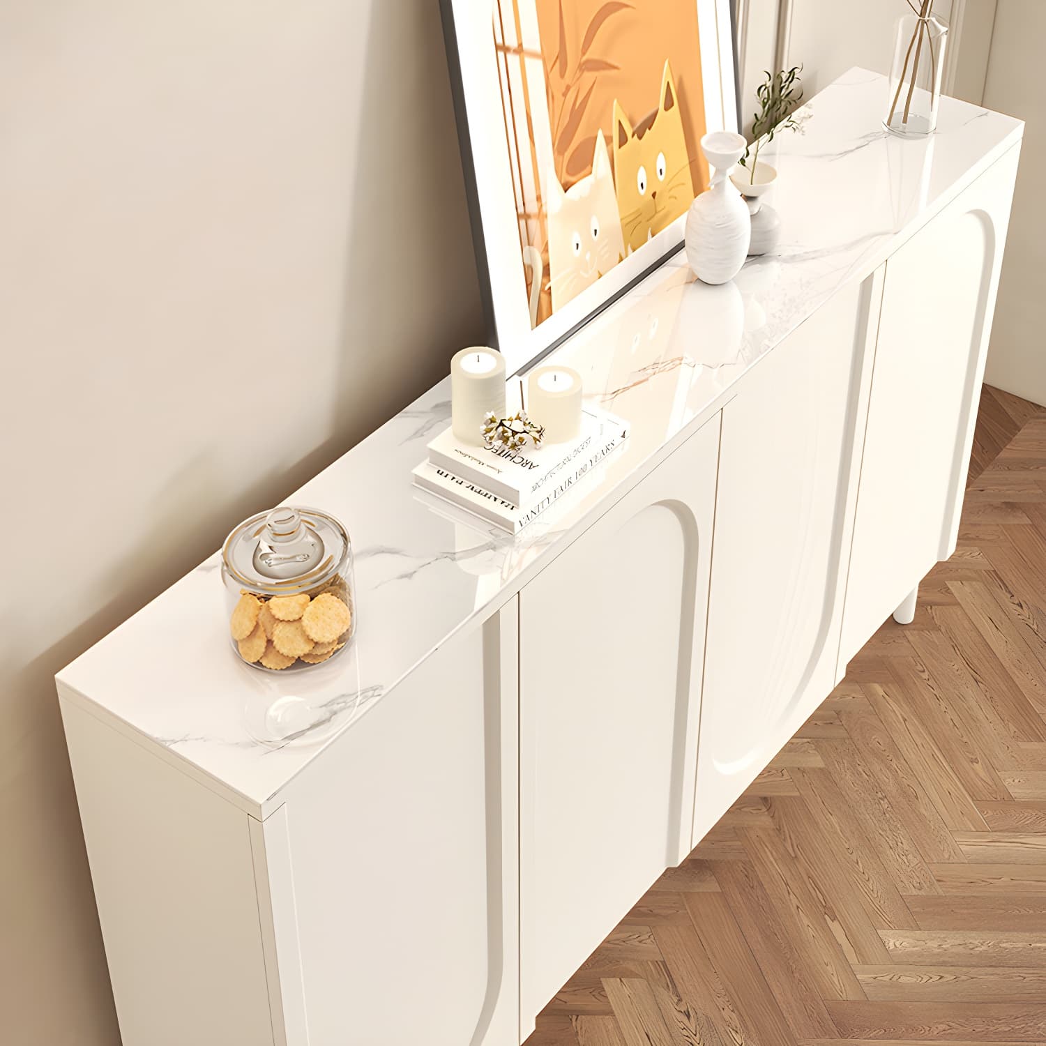 Scandinavian Wood Buffet Sideboard with Stone Countertop and Adjustable Shelves - image 9
