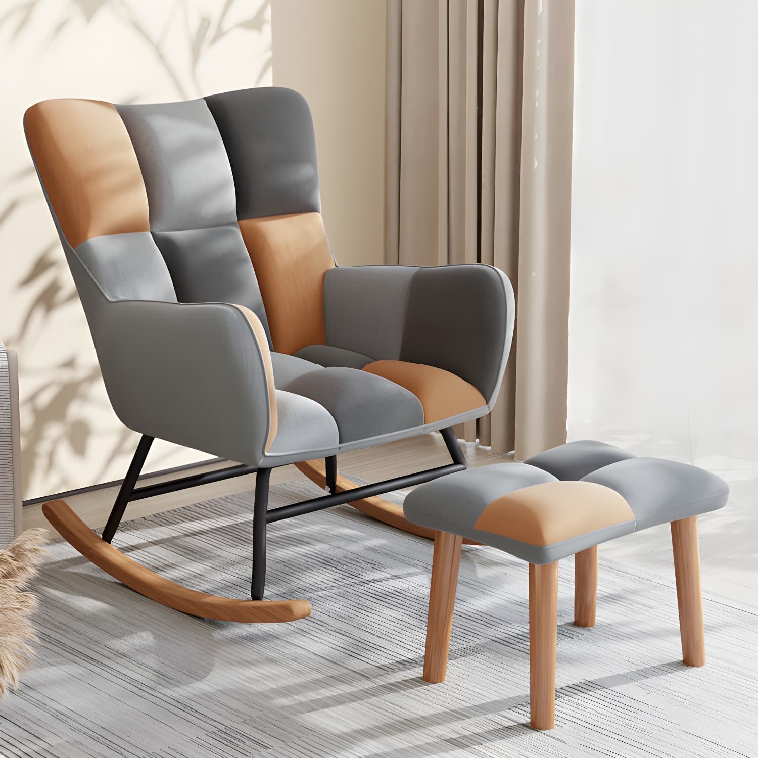 Modern Upholstered Rocking Chair for Comfort and Style - Brown Metal Legs and Track Arms - image 13