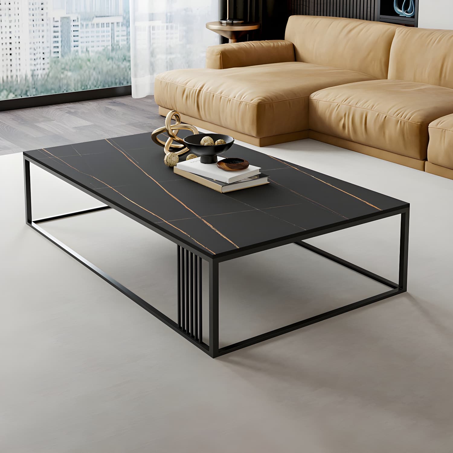 Metal Frame Rectangular Coffee Table Stone Top Cocktail Table - image 6
