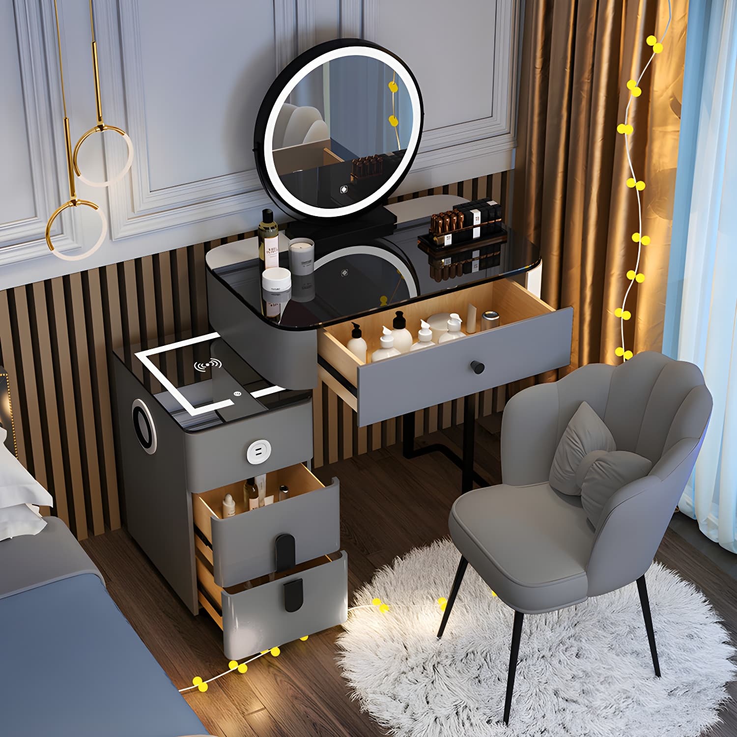 Lighted Mirror Glass Top Makeup Vanity Dressing Table Stool Set with Drawers - image 5