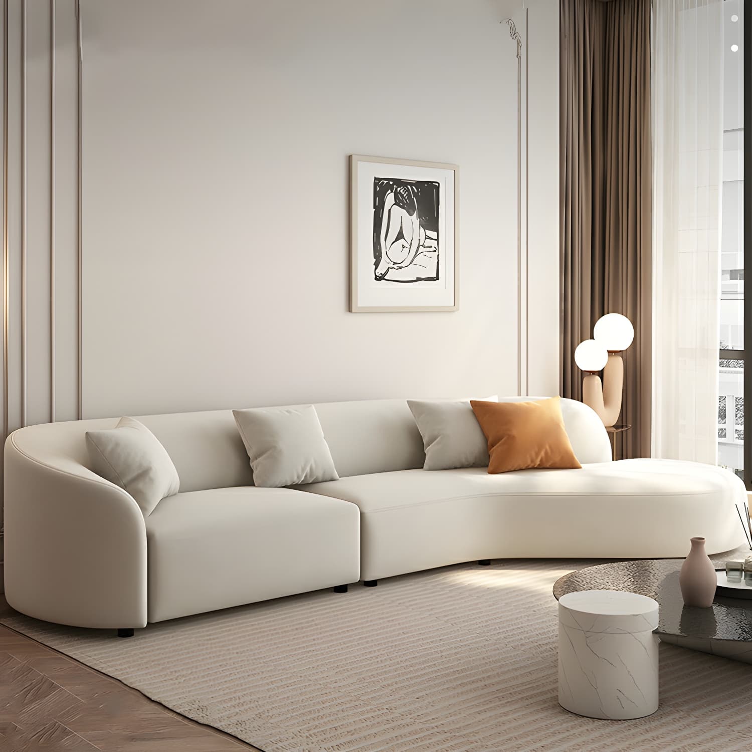 Modern Beige Tech Cloth Stationary Sectional Sofa with Wood Frame and Flared Arms - image 3