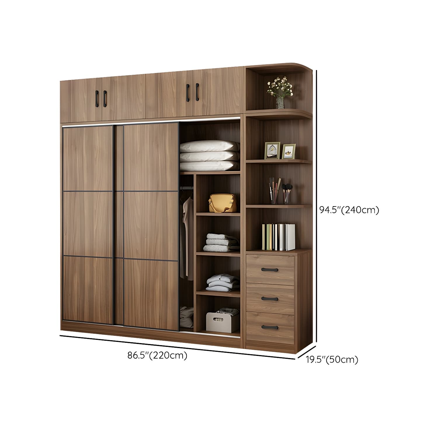 Non-Adjustable Traditional Brown Wood Wardrobe Armoire with Sliding Doors & Soft Close Drawers - image 31