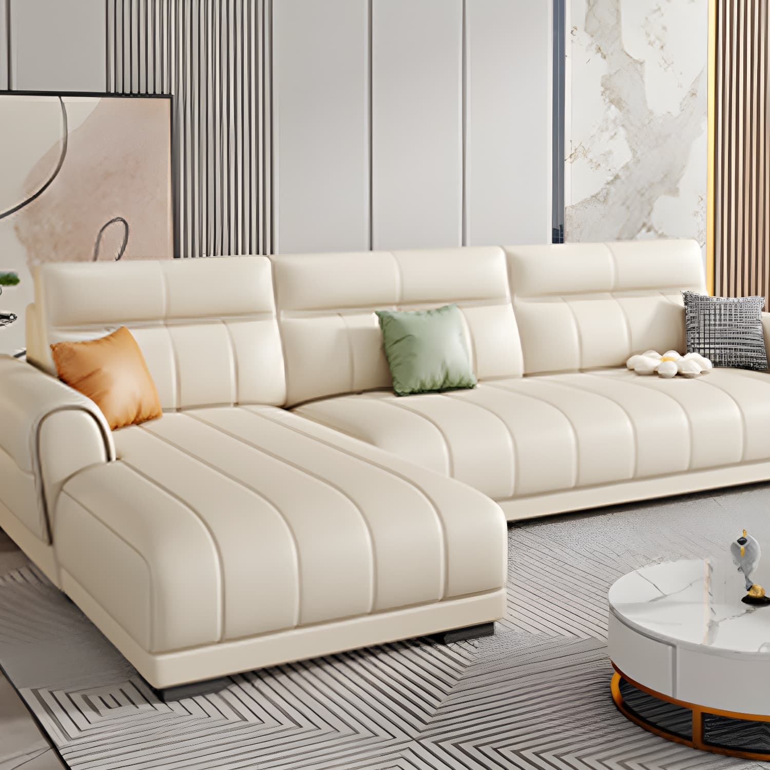 Scandinavian Wood Frame Beige Faux Leather Sectional with Cushion Back - image 4