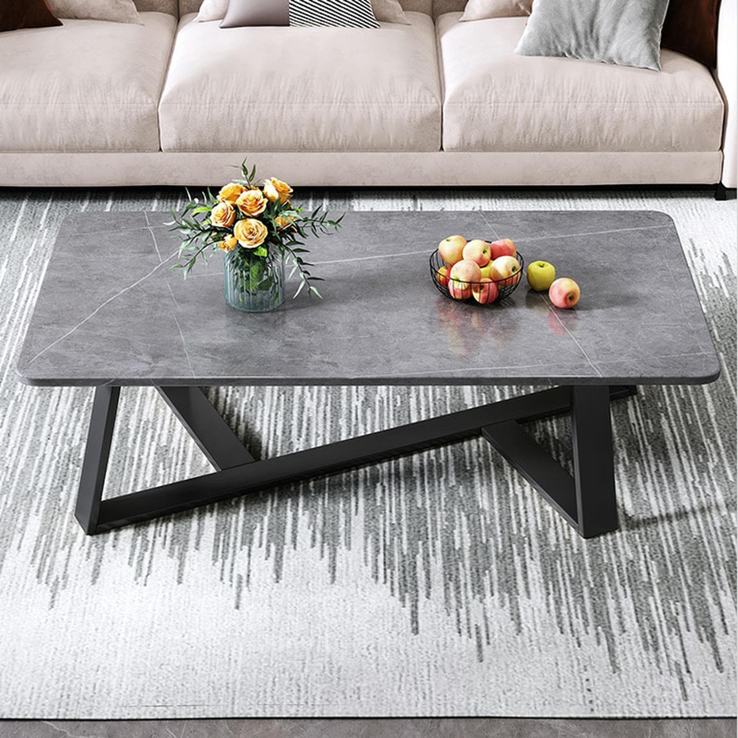 Black Iron Base Stone Top Modern Coffee Table with Cross Legs - image 4