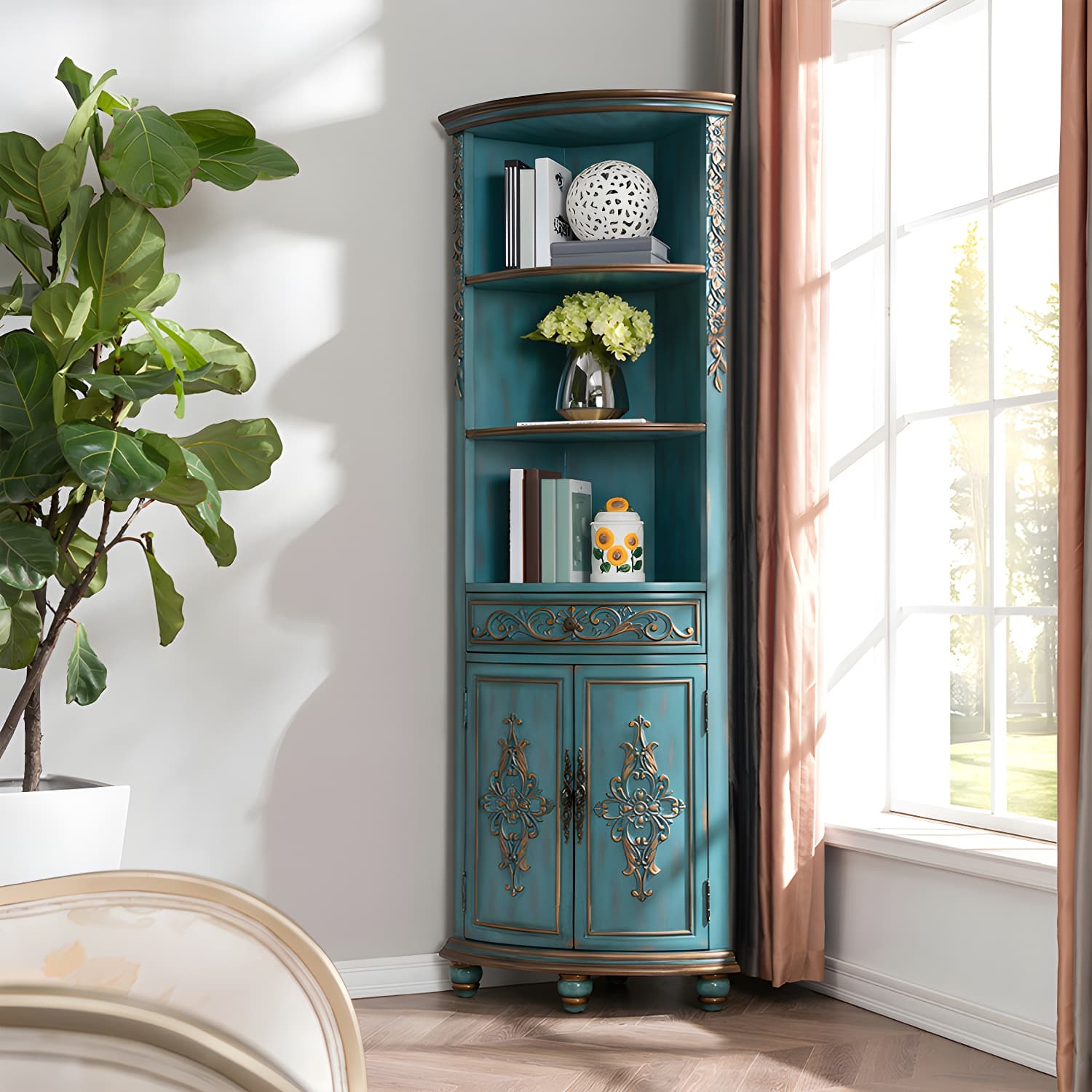Traditional Bar Pulls Solid Wood Corner Accent Cabinet with Doors - image 5
